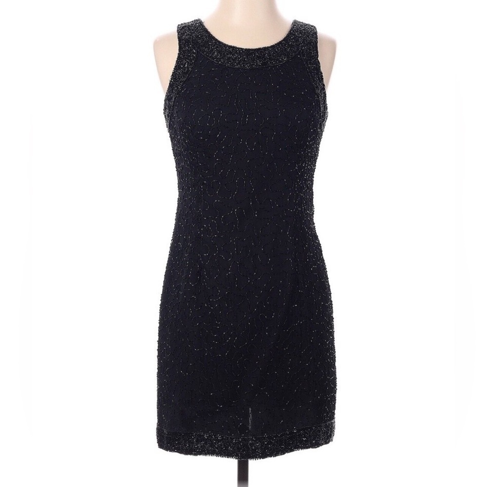 Laurence Kazar Vintage Beaded Black Silk Mini Dress Size M